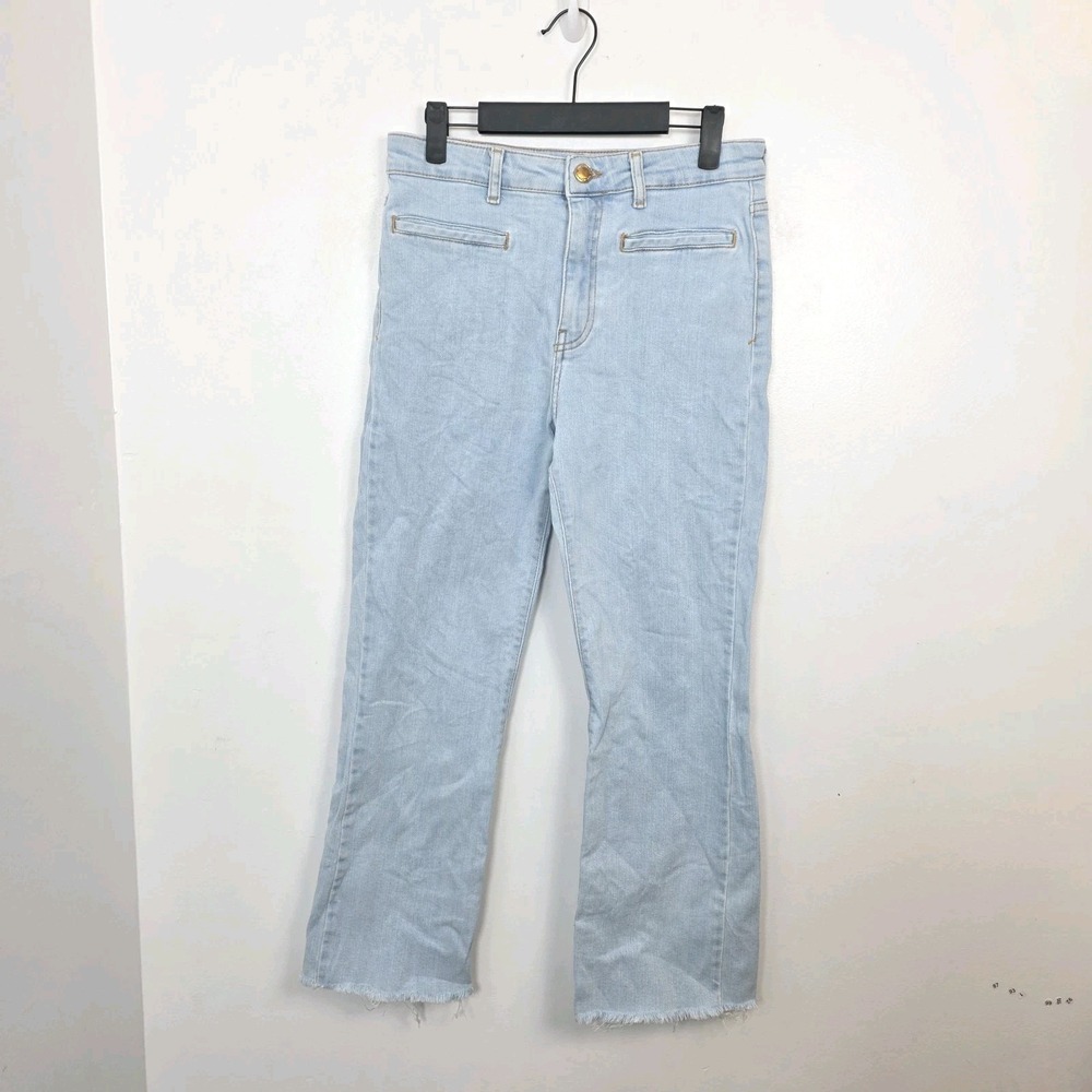 Zara Light Wash High Rise‎ Raw Hem Flare Cropped Cute Casual Jeans Size 6